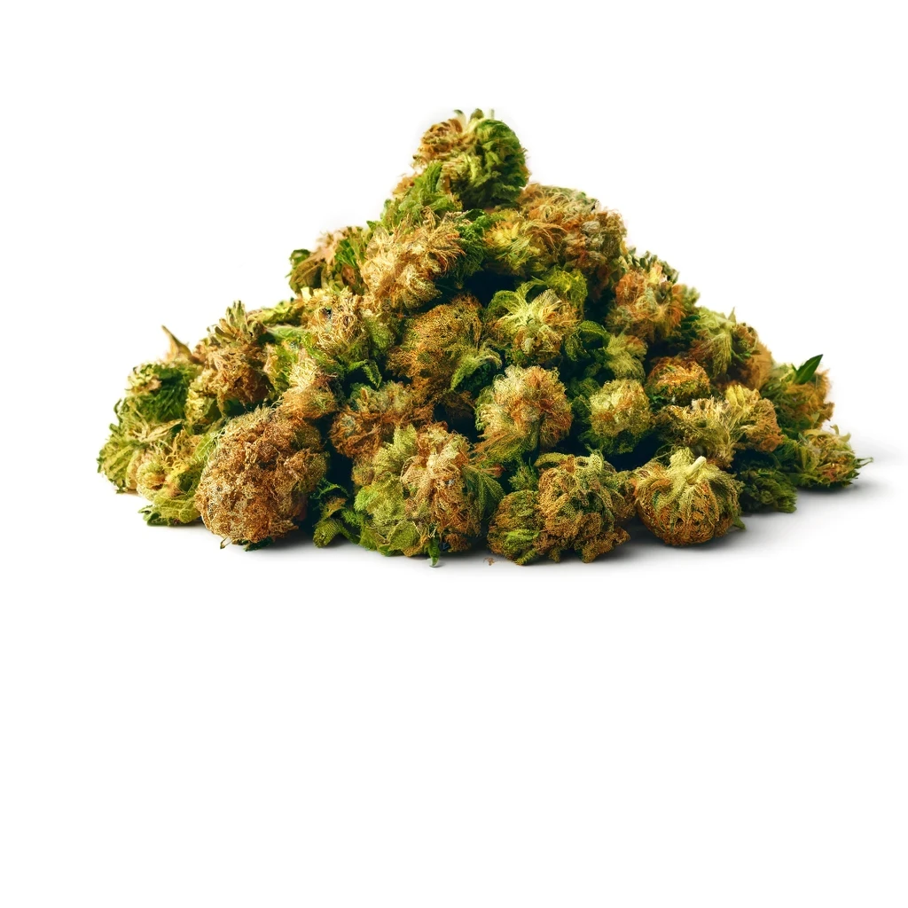 Dall·e 2024 05 21 17.04.04 Create An Image Of A Neat Pile Of Cannabis Inflorescences On A Pure White Background. The Pile Should Include A Mix Of Lemon Skunk, Amnesia, Gelato #3